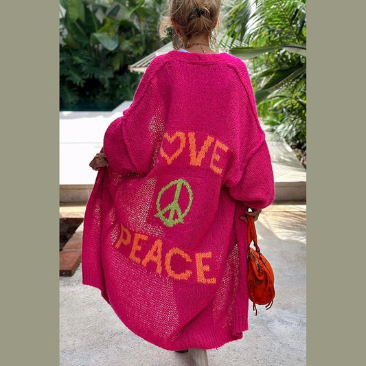 Aubrey - Cozy Long Knit Cardigan Featuring Love & Peace Design