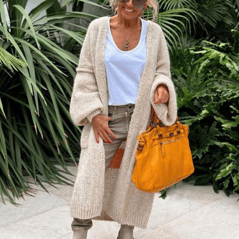 Aubrey - Cozy Long Knit Cardigan Featuring Love & Peace Design