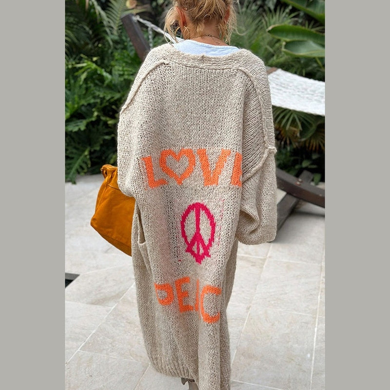 Aubrey - Cozy Long Knit Cardigan Featuring Love & Peace Design