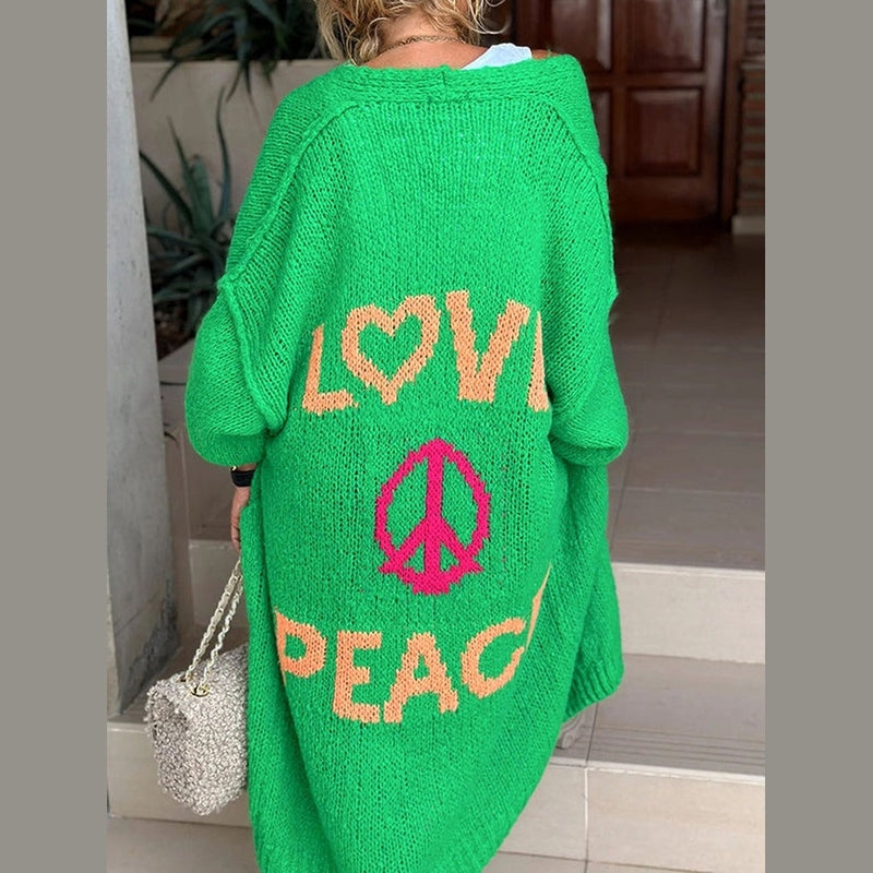 Aubrey - Cozy Long Knit Cardigan Featuring Love & Peace Design