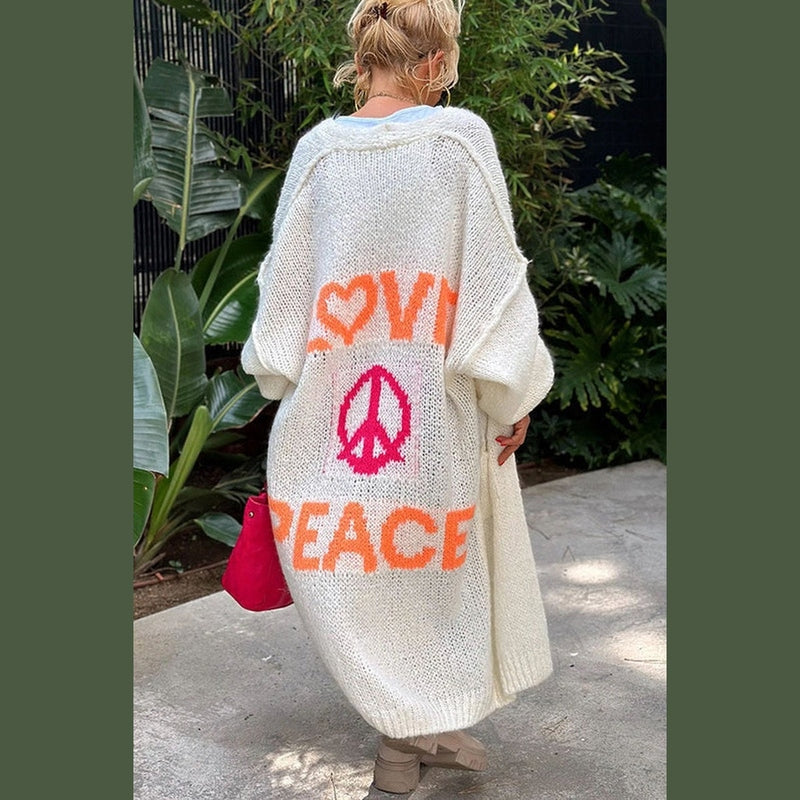 Aubrey - Cozy Long Knit Cardigan Featuring Love & Peace Design