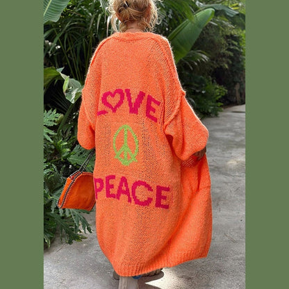 Aubrey - Cozy Long Knit Cardigan Featuring Love & Peace Design
